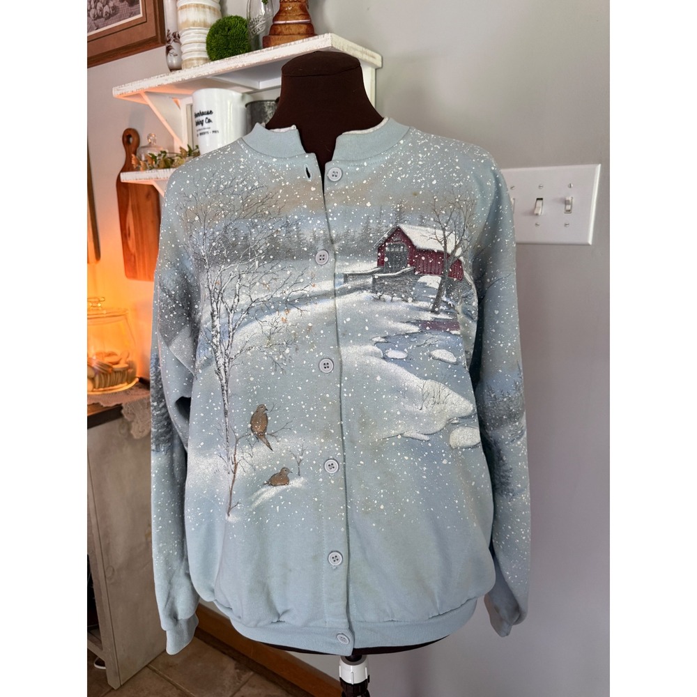 Vintage Artisans Sweatshirt women's large Blue Winter Covered Bridge Snow USA